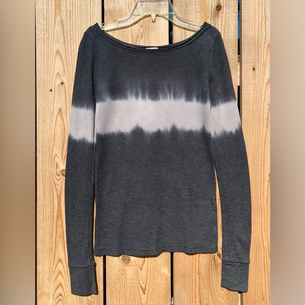 Free People Navy White Tie-Dye Boho Waffle Knit Long Sleeve Thermal Under Shirt